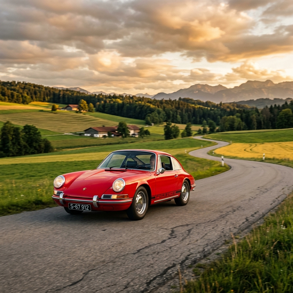 Roter Porsche 912 auf einer deutschen Landstraße bei Sonnenuntergang