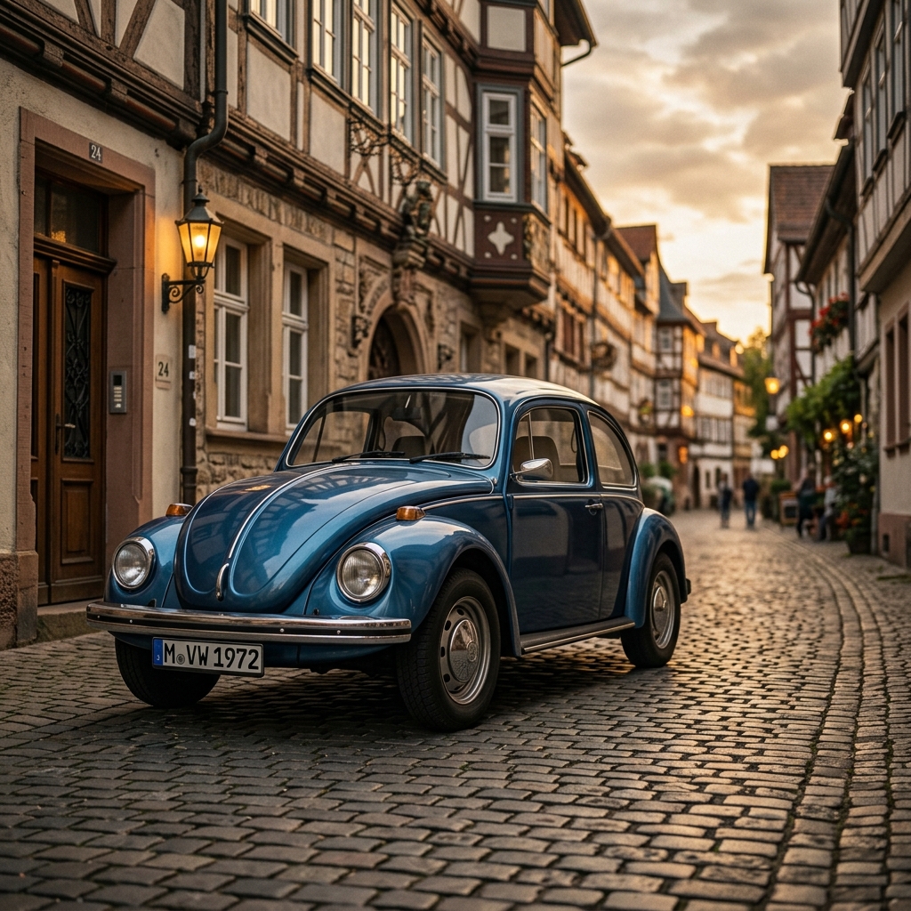 Blauer VW Käfer in einer deutschen Altstadtgasse bei Abenddämmerung